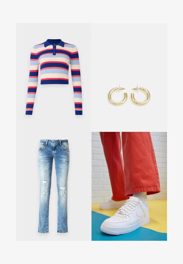 Pull polo côtelé et court avec des manches longues, comportant des rayures horizontales en bleu, crème, rose et rouge. Fermeture à quatre boutons au col.; Jeans en denim bleu clair avec une coupe décontractée, présentant des détails usés, une braguette à boutons avec deux boutons et des jambes droites.; Baskets blanches en cuir avec une boîte à orteils perforée, semelle texturée et lacets blancs, associées à un large pantalon rouge et un fond bleu et jaune.; Boucles d'oreilles en or avec une finition lisse et brillante. Design circulaire présentant un petit clou et une attache transparente pour un port sécurisé.