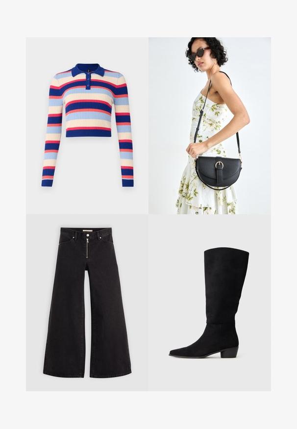 Ribbede, korte polo-sweater med lange ermer som har horisontale striper i blått, kremfarge, rosa og rødt. Fire-knapps lukking ved kragen.; Vide benbukser i sort denim med glidelås i front, fem-lomme design og subtile sømdetaljer. Glatt tekstur og avslappet stil.; Svart semsket knelang støvel med lav blokkheel og spiss tå, vist i sidevisning på en enkel lys grå bakgrunn.; Svart lærveske med en buet form, avtagbar stropp og gullbeslag. Vesken har et klaff med spenne-detall.