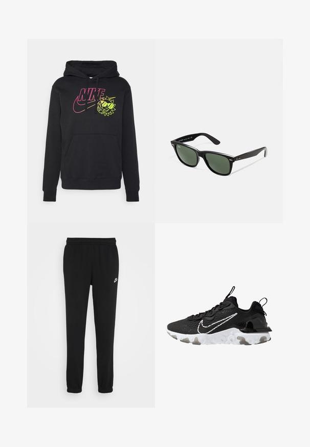 Nike Sportswear HOODIE - Camisola - black; Calças de fato de treino pretas com um cinto elástico, pernas ajustadas e um pequeno logótipo da Nike em branco no lado esquerdo. Feitas de um tecido macio texturizado.; Sapatilha atlética preta com um cabedal de tecido texturizado, swoosh branco da Nike e sola branca espessa. Apresenta uma alça no calcanhar para facilitar o calçar.; Óculos de sol de plástico preto com lentes verdes, armações quadradas, detalhe prateado na sobrancelha e hastes texturizadas. Marca indicada na parte interna da haste.