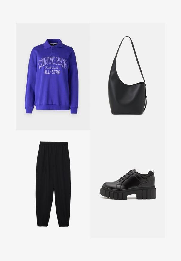 Purple sweatshirt with a collar, long sleeves, and ribbed cuffs. Features embossed "CONVERSE Chuck Taylor ALL STAR" text on the front.; Black, lightweight pants with an elastic waistband and gathered ankles. The fabric is smooth and features a relaxed, tapered design.; Black leather platform shoes with a chunky block heel, round toe, and traditional lace-up design. Features smooth texture and minimal detailing.; Black leather hobo bag with a smooth texture, curved shape, and single adjustable strap; features a wide opening at the top.
