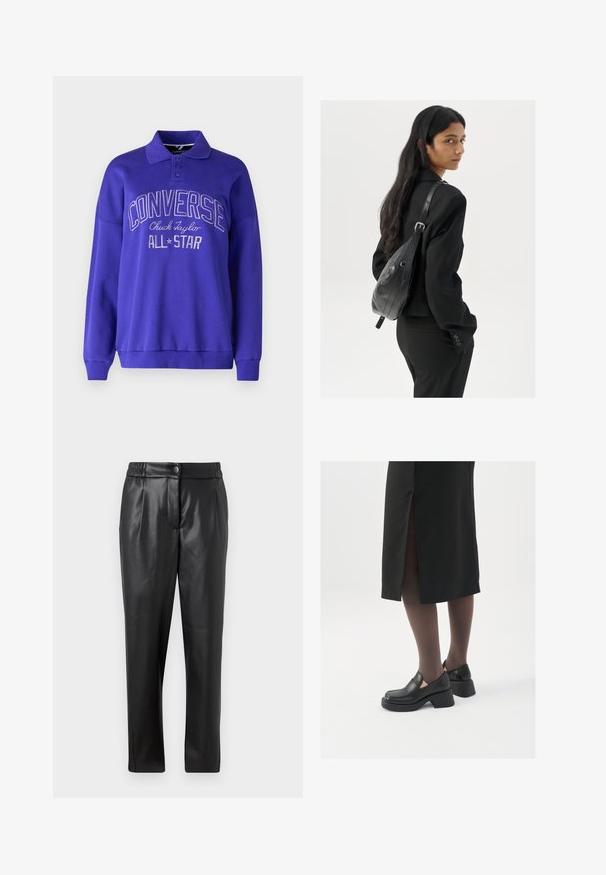 Lilla genser med krage, lange ermer og ribbede mansjetter. Har preget tekst "CONVERSE Chuck Taylor ALL STAR" på fronten.; Sorte skinnbukser med en glatt tekstur, rett passform, elastisk liv, og frontknappelukking; plisserte detaljer og smale ben.; Sorte lærersko med rund tå, tykk blokkheel og elastiske sideaksenter, sammen med mørke strømpebukser og et svart skjørt med splitt.; Kvinne med langt mørkt hår iført et svart jakkesett, som bærer en svart skinn skulderveske, og ser over skulderen mot en hvit bakgrunn.