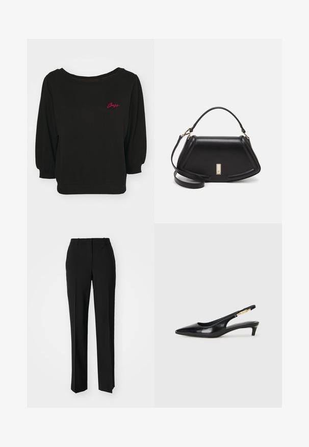 Black sweatshirt with a relaxed fit, round neckline, and puffed sleeves. Features pink embroidered "Boss" text on the chest. Soft fabric.; Black tailored trousers with a straight-leg design, featuring a smooth texture and crisp creases along the front. No visible hardware.; Black leather slingback heels with a pointed toe, featuring a slim heel and a gold-tone accent on the adjustable strap. Smooth texture.; Black leather handbag with a structured design, featuring a cropped shape, top handle, and gold hardware accent. Adjustable shoulder strap included.