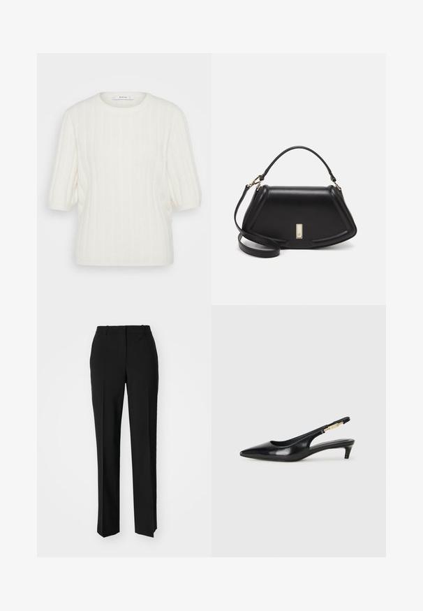 Κρεμ μαλακό πουλόβερ με πλέξη ραβδωτού τύπου, κοντά μανίκια και στρογγυλή λαιμόκοψη. Το ύφασμα φαίνεται μαλακό και ελαφρώς υφασμένο.; Μαύρο παντελόνι με ραφή που έχει σχεδιασμό ίσιας γραμμής, διαθέτει λεία υφή και καθαρές πτυχώσεις κατά μήκος της μπροστινής πλευράς. Χωρίς ορατό μεταλλικό υλικό.; Μαύρες δερμάτινες γόβες slingback με μυτερή μύτη, διαθέτοντας λεπτό τακούνι και χρυσή λεπτομέρεια στην ρυθμιζόμενη λωρίδα. Λείος υφές.; Μαύρη δερμάτινη τσάντα με δομημένο σχέδιο, που διαθέτει κομμένο σχήμα, επάνω λαβή και χρυσά μεταλλικά στοιχεία. Περιλαμβάνει ρυθμιζόμενο λουρί ώμου.