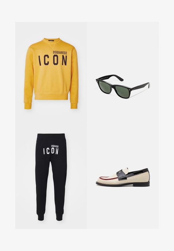 DSQUARED2 ICON COOL FIT CREWNECK - Felpa - sunflower; Pantaloni della tuta neri con una texture morbida, gambe a sigaretta e tasche. Sul retro è presente la scritta "DSQUARED2 ICON" in bold lettere bianche.; Mocassini beige con motivo stampato, striscia accentuata rossa e tacco nero lucido. Presentano una fascia con dettaglio a fibbia. Suola nera piatta.; Occhiali da sole in plastica nera con lenti verdi, montatura quadrata, dettaglio argento sulla parte superiore e steli con texture. Marchio indicato sulla parte interna dello stelo.