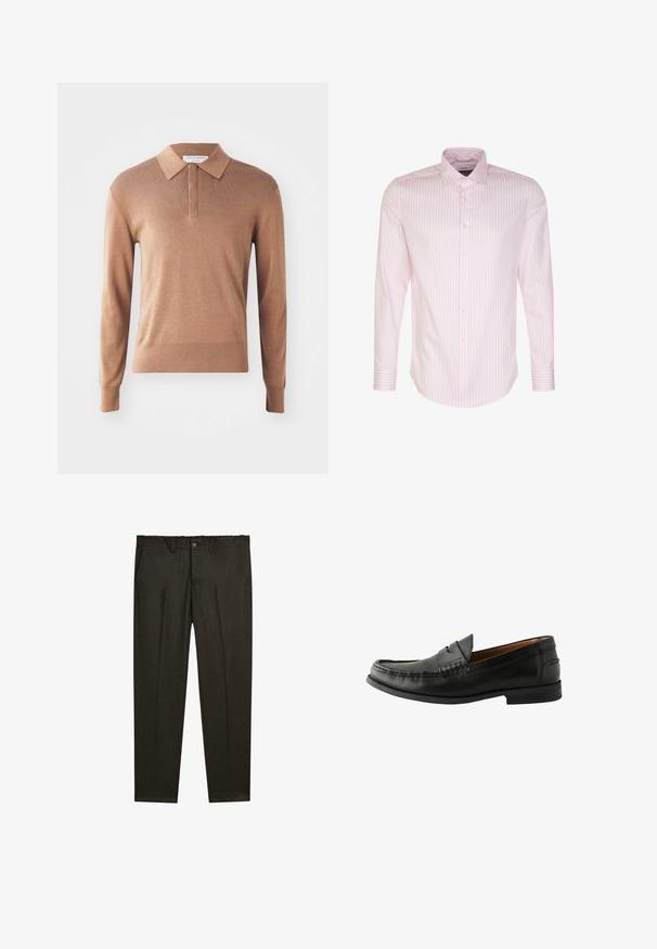 Brun langærmet polo skjorte med struktureret strik, der har krave og en tre-knaps placket. Ingen mønstre eller dekorationer synlige.; Lys rosa langærmet skjorte med lodrette hvide striber, knaplukning foran, klassisk krave og ærmer med en enkelt knapdetalje.; Mørkebrun skræddersyet bukser med frontfold, bæltestropper, sidelommer og en knaplukning ved taljen.; Sorte læder loafers med en glat overflade, rund tå, håndsyede detaljer og en lav gummisål. Klassisk og alsidigt design.