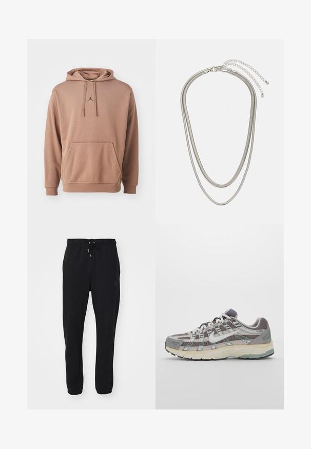 Jordan Džemperis su gobtuvu - archaeo brown black; Juodi sportiniai džinsai su elastinga juosmena ir reguliuojama virvele, su sutrauktais kulkšniais ir subtilia logotipu šone.; Pilkas sportinis batas su tinklu ir zomšos viršutine dalimi, baltomis detalėmis, paminkštintu padu ir išskirtiniu dizainu su atspindinčiais elementais.; Trijų sluoksnių sidabrinė metalinė apyrankė, kuri pasižymi stilingomis, lankstosiomis grandinėlėmis su švelniu blizgesiu, užsegama krabų užsegimu ir reguliuojama grandinė.