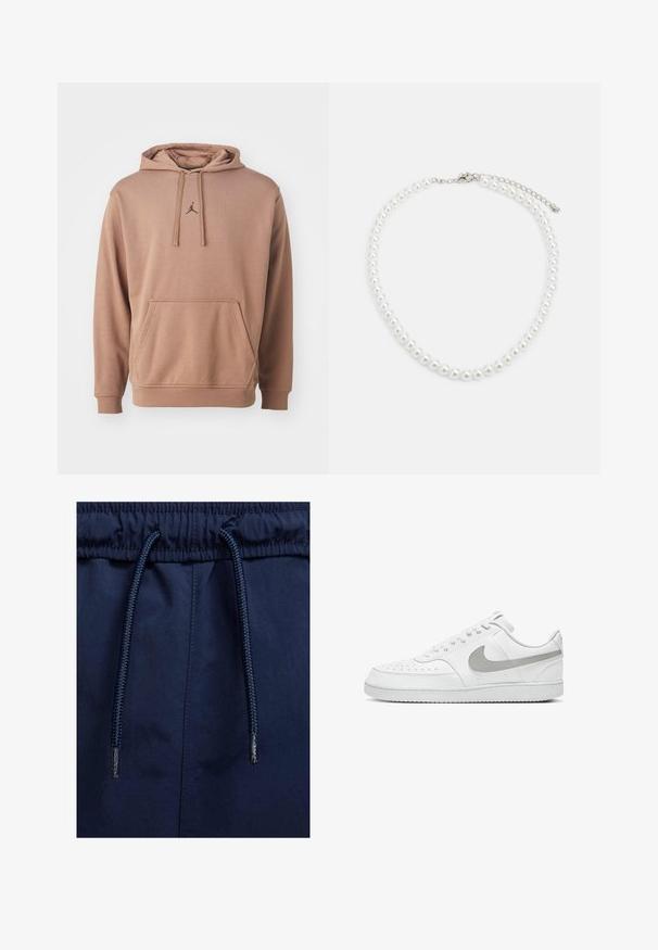 Jordan Felpa con cappuccio - archaeo brown black; Shorts blu navy con elastico in vita, dotati di un cordino testurizzato e tessuto morbido.; Nike Sportswear COURT VISION NEXT NATURE - Sneakers basse - weiss grau; Collana di perle bianche con forma rotonda uniforme, superficie liscia e chiusura in metallo con catena di estensione per lunghezza regolabile.