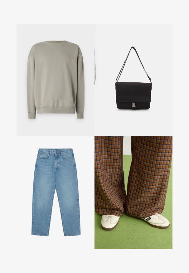 Sudadera gris claro con un sencillo cuello redondo, mangas largas y puños acanalados, hecha de una tela suave con una textura lisa.; Jeans de denim azul claro de pierna ancha con cintura alta, que cuentan con cinco bolsillos, trabillas para cinturón y una textura suave y ligeramente deslavada.; Pantalones de pata de elefante de cuadros marrones y azules combinados con zapatos blancos con detalles en negro y suelas texturizadas, sobre un fondo verde.; Bolso mensajero negro hecho de material suave, con solapa plegable, herraje de cierre plateado y correa de hombro ajustable.