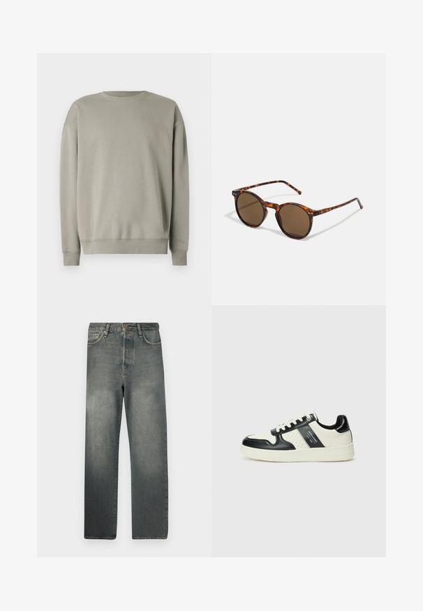 Világosszürke pulóver egyszerű kerek nyakú, hosszú ujjú, bordázott mandzsettákkal, puha anyagból, sima felülettel készítve.; Jack & Jones JJIALEX JJCOOPER - Túlméretezett farmernadrág - black denim; Fekete és krém színű bőrsneaker, perforált díszítésekkel, párnázott bokapánttal és texturált talppal.; Kerek napszemüveg teknőc mintázatú kerettel, barna lencsékkel. Finom textúrájú, vékony szárakkal rendelkezik, a lencsék mellett fém díszítésekkel.