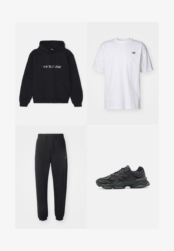 Schwarzer Hoodie aus weichem, dickem Stoff. Verfügt über eine Fronttasche, Kapuze mit Kordelzug und metallisches Logo in der Mitte.; Weißes T-Shirt mit kurzen Ärmeln und Rundhalsausschnitt, mit kleinem schwarzen New Balance-Logo auf der linken Brust vor einem einfarbigen Hintergrund.; Schwarze Sweatpants aus weichem Material mit elastischem Bund, Kordelzug und schmal zulaufenden Bündchen, die auf der Seite ein dezentes Logo zeigen.; Schwarzer Laufschuh mit einer Mischung aus Mesh- und sinthetischen Materialien, dicke Sohle, geschwungenes Design und auffälliger Markenkennzeichnung an der Seite.