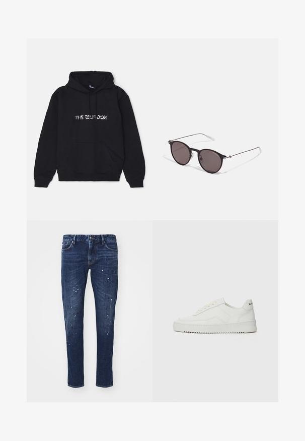 Čierna mikina s kapucňou vyrobená z mäkkej, hrubej tkaniny. Obsahuje prednú kapsu, kapucňu so šnúrkou a logom z kovového písma na strede.; Tmavomodré denimové džínsy so slim fit strihom, ktoré majú farebné kvapky farby, viditeľné švy a štandardný dizajn s piatimi vreckami. Rovný strih nohavíc.; Biele kožené tenisky s hladkým povrchom, okrúly špičkový dizajn, ploché šnúrky a textúrovaná podrážka. Obsahujú jemné logo na päte.; Čierne okrúhle slnečné okuliare s tmavými sklami a tenkými kovovými ramenami. Obsahujú priehľadné konce rámov a strieborné akcenty na pántoch. Minimalistický dizajn.