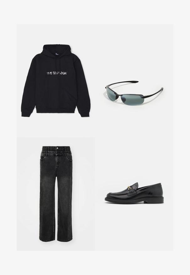 Sudadera negra hecha de un tejido suave y grueso. Cuenta con un bolsillo delantero, capucha con cordón y logotipo metálico en el centro.; Vaqueros de denim negro de pierna ancha con un acabado desgastado, que presentan un cierre de botón, cinco bolsillos y costuras en contraste a lo largo de los lados.; Mocasines de cuero negro con punta redondeada, que cuentan con un detalle de herrajes dorados y costuras, situados sobre una suela de goma texturizada y baja.; Gafas de sol deportivas con un diseño delgado en negro, lentes rectangulares en gris degradado y agarres texturizados en las patillas para mayor comodidad.