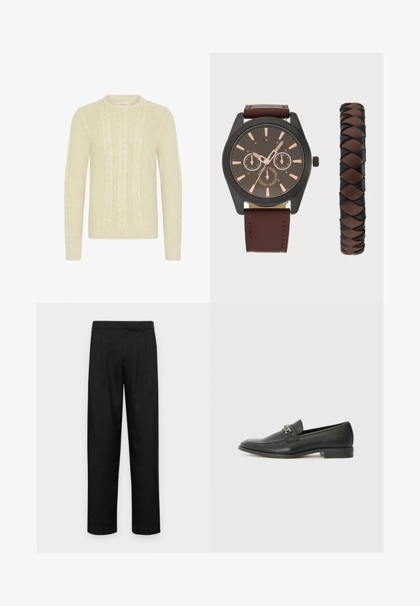 Blend BHBASIM - Pullover - oyster gray; Pantalons noirs en tissu lisse, avec une coupe droite, deux plis avant et une taille standard avec passants de ceinture.; Mocassin en cuir noir avec une finition lisse, présentant un design cousu et une accent décoratif en chaîne métallique sur le rand. Talon plat.; Pier One SET - Montre - black/brown
