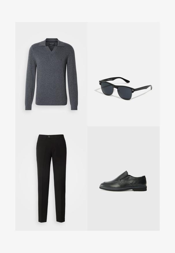 Sweater cinza de malha com decote em V e gola pontuda. Mangas longas, textura suave e um logo discreto no peito.; Calças pretas de perna reta feitas de tecido suave, com fecho de botão e bolsos laterais com um design clássico.; Sapato slip-on preto em pele com um upper liso, acabamentos cosidos, bico arredondado e um salto de borracha baixo. A sola apresenta um padrão de aderência mínimo.; Óculos de sol pretos com forma retangular, lentes escuras, detalhes em prata nas hastes e um acabamento mate na armação.