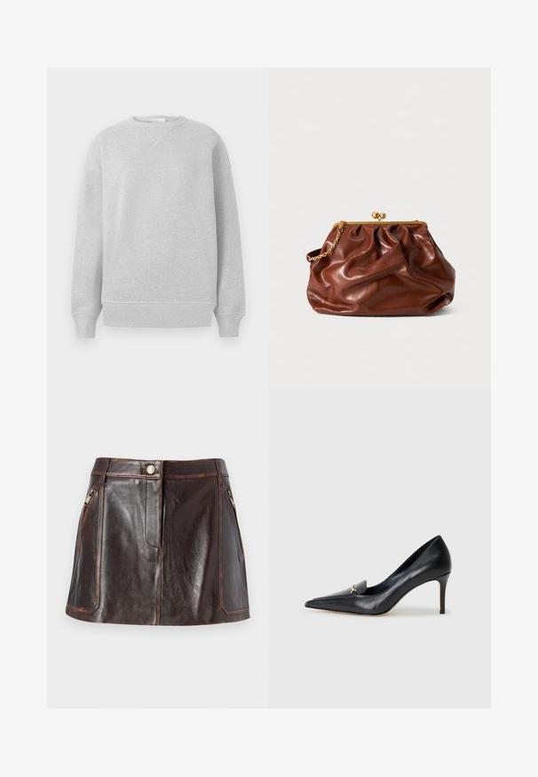 Světle šedá mikina s kulatým výstřihem, žebrovanými manžetami a spodním lemem, vyrobená z měkké tkaniny s texturovaným povrchem a volným střihem.; Hnědá kožená mini sukně s elegantním designem, dvěma bočními zipovými kapsami a kontrastním šitím podél okrajů.; Černé kožené lodičky s špičatou špičkou, nízkým svrškem a dekorativním zlatým akcentem. Mají jehlový podpatek a hladkou texturu.; Hnědá kožená psaníčko s pozlaceným zapínáním a krátkým pozlaceným řetízkem, s jemně nařasenou texturou na bílém pozadí.