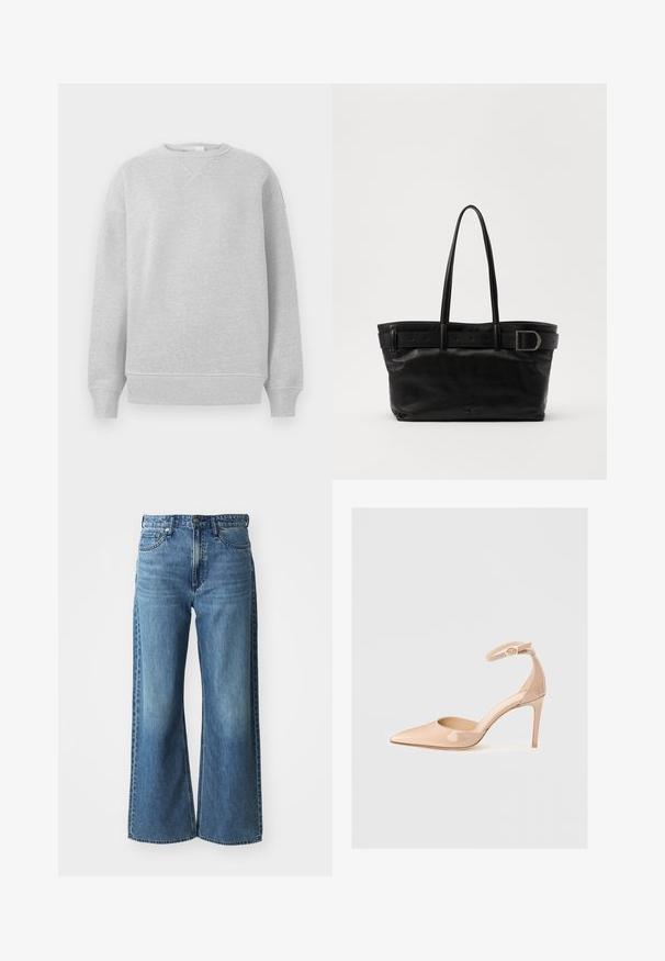 Light gray sweatshirt featuring a crew neckline, ribbed cuffs, and hem, made from a soft fabric with a textured finish and loose fit.; Wide-leg blue denim jeans with a mid-rise waistband, five pockets, and subtle fading. Features include belt loops and stitched detailing.; Nude patent leather pointed-toe shoe with an ankle strap and a stiletto heel, featuring a smooth texture and minimalistic design.; Black leather tote bag with two long handles, a smooth texture, and a wide strap featuring a buckle detail at the top.