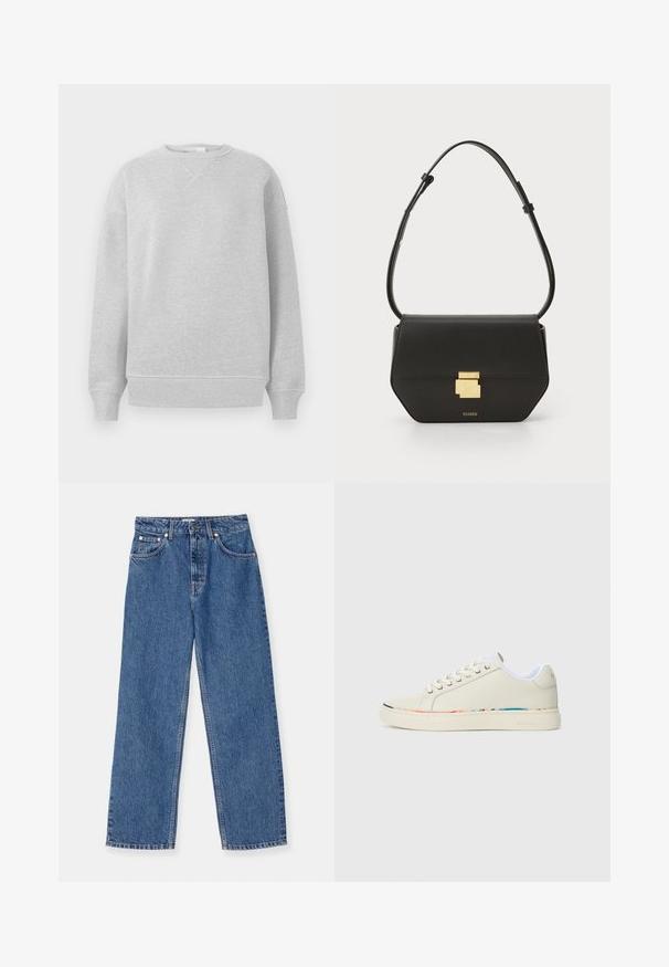 Felpa grigia chiara con scollo a girocollo, polsini e orlo a coste, realizzata in un tessuto morbido con una finitura testurizzata e una vestibilità ampia.; Jeans in denim blu con un taglio a gamba larga, design classico a cinque tasche e dettagli in metallo. Presenza di leggeri segni di usura sul tessuto.; Sneaker bassa color avorio con design a lacci, fodera interna bianca e sottile bordatura multicolore lungo il bordo della suola, vista laterale.; CLOSED CLOSED ONE - Borsa a tracolla - black