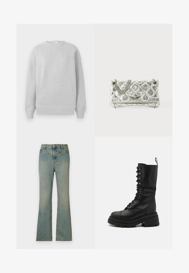 Light gray sweatshirt featuring a crew neckline, ribbed cuffs, and hem, made from a soft fabric with a textured finish and loose fit.; Light blue denim flare jeans with a high waist, five pockets, and a zip fly. Clean, faded finish with subtle stitching details.; Black leather lace-up boots with a chunky lug sole, high shaft, and textured surface, featuring metallic eyelets and a pull tab.; Silver metallic handbag with chain handle, quilted texture, decorative stitching, and a zip closure. Features embossed accents on the front.