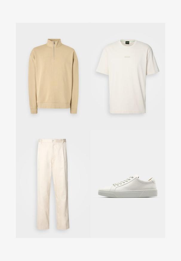 Sweatshirt bege com gola alta e fecho de meia-zíper. Apresenta punhos e bainha canelados, com um logótipo discreto no peito. Textura suave.; BOSS TEE - T-shirt básica - open white; Calças de algodão bege com corte reto, apresentando um fecho de botão e pregas na frente para um detalhe adicional.; Sapatilhas de couro branco com bico arredondado, design minimalista, atacadores cinzentos e sola de borracha cinza texturizada. Detalhes de costura subtis visíveis.