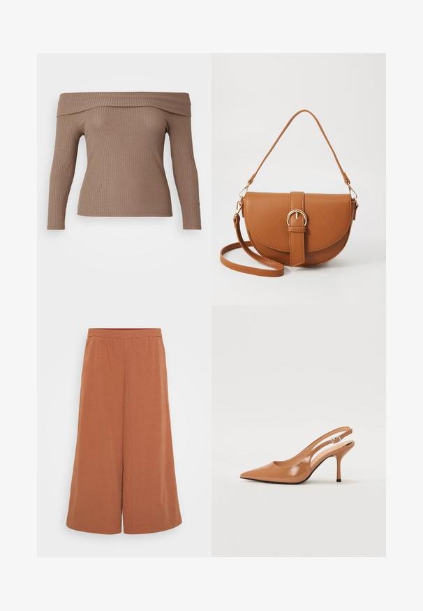 Top z dolgimi rokavi, ki se nosi na ramo, iz svetlo rjave rebraste tkanine, z oprijetim silhueto in gladko teksturo.; Hlače culottes v rjavo-rdeči barvi, izdelane iz lahkotnega, gubanega materiala. Imajo elastičen pas in široke, spuščene noge. Gladka tekstura po celotni površini.; Slinčaste pete z ostro konico v gladkem, sijočem bež materialu. Imajo ukrivljen rez in vitko stiletto peto. Podrobnost s srebrno zaponko.; Rjava usnjena torbica prek telesa s ukrivljeno obliko, zlate opreme in sponko. Ima odstranljiv naramni trak.