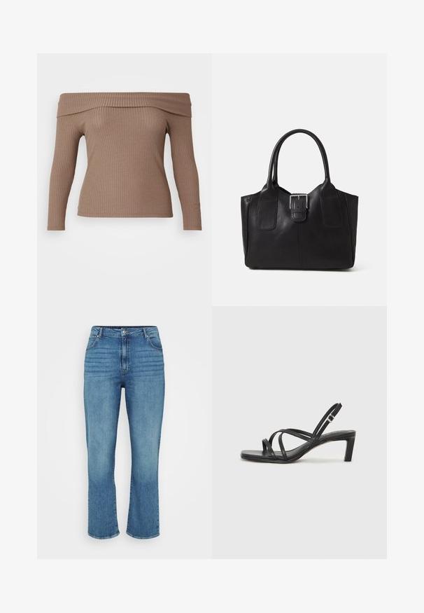 Õlavarrelt paljastav pika varrukaga topp heledast pruunist ribatootest, millel on keha lähedane siluett ja sile tekstuur.; Heledad sinine teksad sirge lahaga, viie tasku, vöökohad ja õrn pleekimine ees.; Mustast rihmajalatsid ruudukujulise varba ja madala ploki kontsaga. Omab mitmeid õhukesi rihmasid ja reguleeritavat pahkluu rihma. Valmistatud siledast nahast.; Mustgamma nahast kott, millel on sile tekstuur, struktureeritud kuju, kaks käepidet ja esiküljel silmapaistev hõbedane pandla detail.