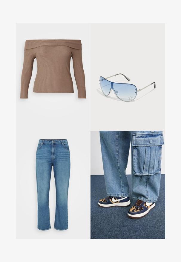 Ilgas rankoves off-the-shoulder palaidinė, pagaminta iš šviesiai rudos juostelės audinio, su prigludusia siluetu ir lygiu paviršiumi.; Šviesiai mėlynos džinsinės kelnės su tiesiu kojų kirpimu, turinčios penkias kišenes, diržo kilpas ir subtiliai išblukusius priekinius šonus.; Tamsiai mėlyni sportbačiai su leopardų rašto akcentais, balta Nike Swoosh, rudomis raištelėmis ir balta vidurine dalimi. Sujungta su šviesiais džinsiniais kargo kelnėmis.; Aviatoriai akiniai su gradientiniais mėlynais objektyvais, sidabriniu metaliniu rėmu ir dekoratyvinėmis žvaigždžių akcentais ant objektyvų. Lygaus ir stilingo dizaino.