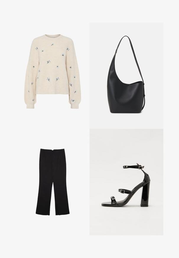 Beige Pullover mit gerippter Textur, verziert mit blauer Blumenstickerei. Rundhalsausschnitt und lockere, lange Ärmel.; Schwarze Hose mit geradem Schnitt, ausgestattet mit Fronttaschen und Seitenschlitzen am Saum. Hergestellt aus weichem, glattem Stoff. Geeignet für verschiedene Anlässe.; Schwarze patentierte Sandalen mit Absatz, quadratischer Spitze, Knöchelriemen und silbernen Schnallen. Mit einem stabilen Blockabsatz für mehr Stabilität.; Schwarze Leder-Hobo-Tasche mit einer glatten Textur, geschwungener Form und einem einzelnen verstellbaren Tragegurt; verfügt über eine weite Öffnung am oberen Ende.