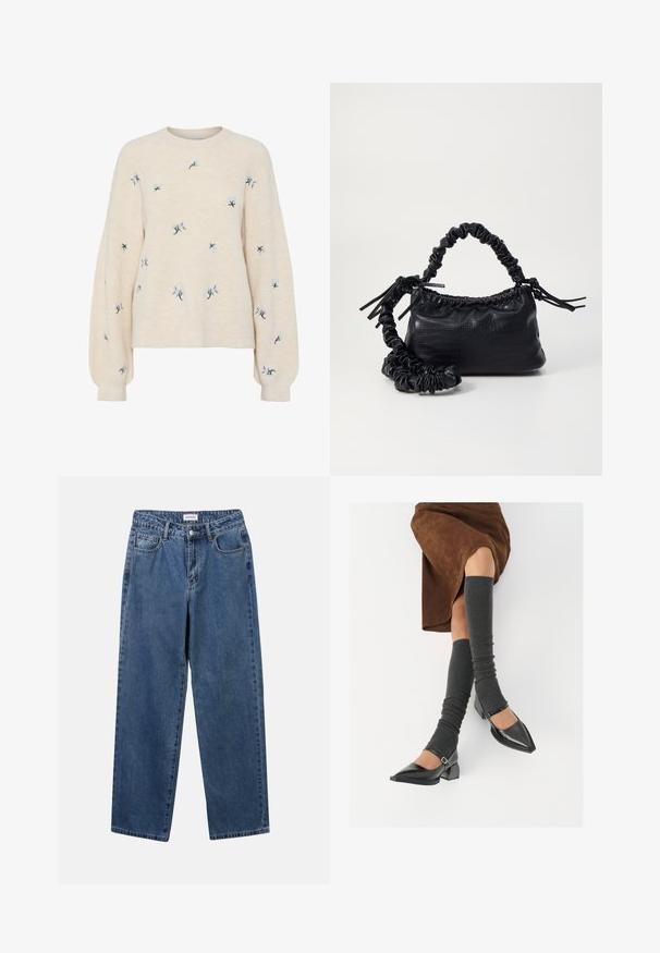 Beige genser med ribbestruktur, prydet med blå blomsterbroderi. Rund halslinning og løse, lange ermer.; Klassiske blå denimjeans med rett ben-design, fem lommer og knappelukking. Har en middels vask og solid tekstur.; Sorte lakkpumps med spiss tå, blokkhel, og ankelstropp, kombinert med grå ribbestrikkede beinvarmere og et brunt semsket skinn skjørt.; Svart faux skinn-håndveske med krokodilletekstur, strammet topp og en rynket stropp. Ser myk og kompakt ut i designen.
