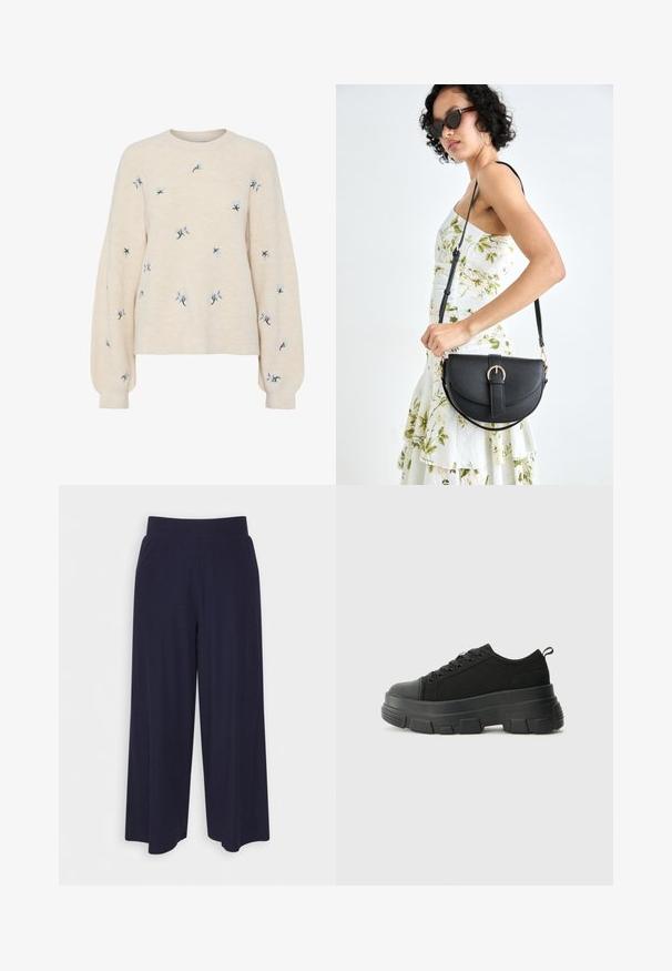 Beige pulóver bordázott textúrával, kék virágos hímzéssel. Kerek nyakkivágás és laza, hosszú ujjú.; Sötét kék anyagból készült, széles lábú nadrág, bordás textúrával. Simább derékrésszel és laza szabással rendelkezik, a vádli közepéig ér.; Fekete sportcipők vastag gumitalppal, texturált szövet felsőrésszel, kerek orral és fűzős kialakítással. Megerősített fűzőlyukakkal és hátsó húzófüllel rendelkezik.; Fekete bőrtáska ívelt formával, levehető pánttal és arany színű fémrészekkel. A táskán egy csattal díszített fedél található.