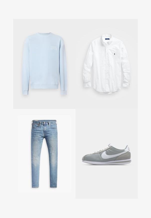 Šviesiai mėlynas džemperis su apvaliu iškirpimu, gofruotomis rankogaliais ir apačia. Ant krūtinės yra baltas tekstas, nurodantis prekės ženklą ir adreso detales.; Balta ilga rankovė mygtukų marškiniai iš medvilnės. Pasižymi klasikinėmis apykaklėmis, mygtukų rankogaliais ir mažuoju tamsiai mėlynu siuviniu su logotipu ant krūtinės.; Šviesiai mėlyni aptempti džinsai su lengvu nudėvėjimu šlaunyse, priekyje užsegami mygtuku, su diržo kilpelėmis ir penkių kišenių stiliumi ant baltos fono.; Pilkas sportinis batelis su zomšiniais ir tekstiliniais viršutiniais paviršiais, baltas Nike swoosh ženklas ir baltos raišteliai. Yra tekstūruotas gumos padas ir paminkštinta apykaklė.