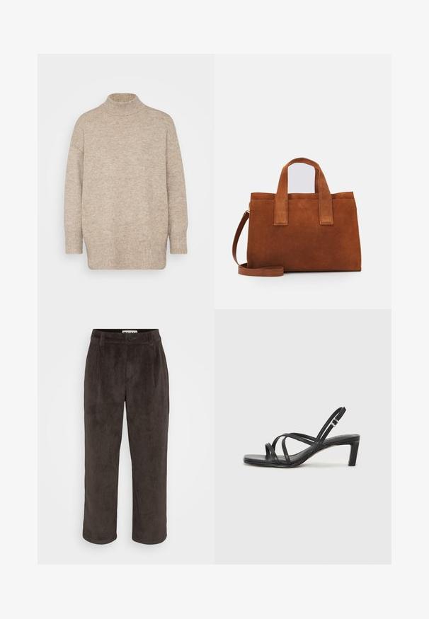 Pulover bej cu guler înalt, confecționat dintr-un material tricotat moale, având mâneci lungi și o croială lejeră, cu detalii ribbate la manșete și la tiv.; Pantaloni din catifea bere cu un design drept, textură subtilă și închidere frontală cu buton, având buzunare laterale.; Sandal cu barete negre, cu vârf pătrat și toc mic de bloc. Prezintă mai multe barete subțiri și o bareta ajustabilă la gleznă. Fabricat din piele netedă.; Geantă de mână din nubuc maro, cu două mânere superioare și o curea de umăr ajustabilă. Are o formă structurată și un design minimal.