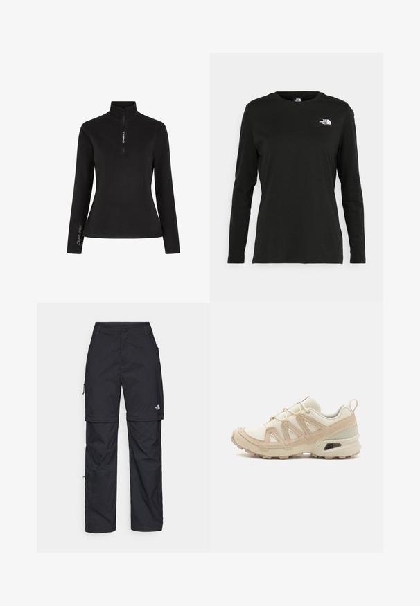 Black long-sleeve pullover with a half-zip collar. Features "ONEILL" logo on the front and "POLARTEC" branding on the sleeve, made from soft fabric.; Black long-sleeve t-shirt made of cotton with a round neck. Features a small white logo on the left chest area. Simple design and fit.; Black nylon zip-off cargo trousers with adjustable cuffs, multiple pockets, and a logo on the right leg. Smooth, lightweight texture.; Beige and cream athletic shoe with textured mesh upper, supportive overlays, and rubber outsole featuring a tread pattern for traction.
