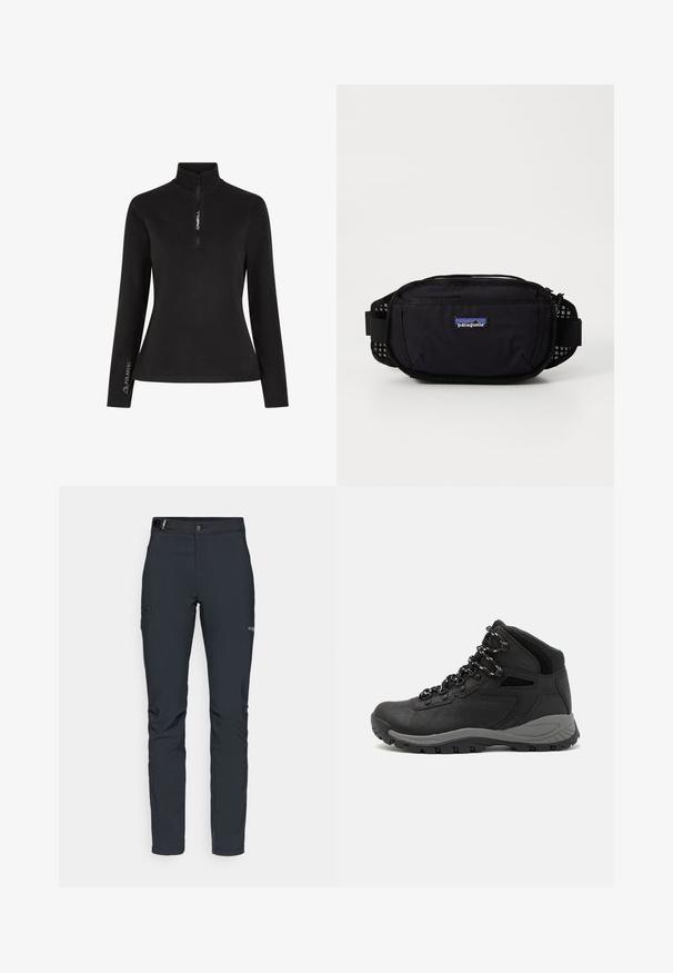 Schwarzer Langarmpullover mit halbem Reißverschlusskragen. Mit "ONEILL"-Logo auf der Vorderseite und "POLARTEC"-Markierung am Ärmel, aus weichem Stoff gefertigt.; Herren Outdoor-Hosen, dunkelgrau, aus flexiblem Material, mit einem Gürtel, Reißverschlusstaschen und verstärkten Nähten.; Schwarzer Wanderstiefel mit einem mittelhohen Design, ausgestattet mit einer strukturierten Oberfläche, grauen Akzenten und einer robusten Gummisohle mit Profilstollen.; Schwarze Patagonia Hüfttasche mit einem mit Reißverschluss versehenen Hauptfach, Netzeinsätzen an den Seiten und verstellbarem Tragegurt. Mit Logo auf der Vorderseite.