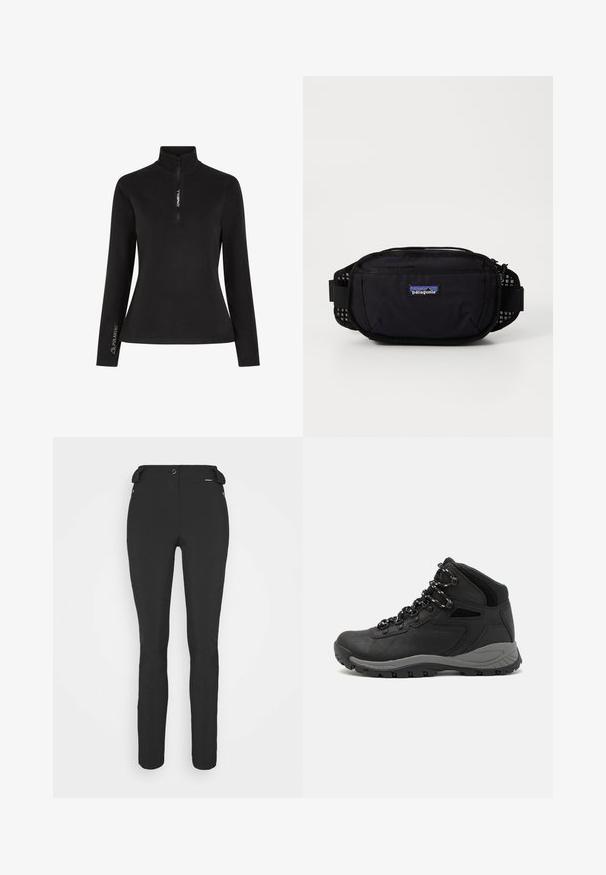 Sort langærmet sweater med halvlukket krave. Har "ONEILL" logo på forsiden og "POLARTEC" branding på ærmet, lavet af blødt stof.; Sorte, tætsiddende bukser lavet af et fleksibelt materiale. Funktioner inkluderer en lynlåslomme i siden, artikulerede knæ og en glat tekstur.; Sort vandrestøvle med en mellem-højde design, der har en tekstureret overdel, grå detaljer og en holdbar gummisål med skridsikre klodser.; Sort Patagonia talje taske med lynlåset hovedrum, netaccenter på siden og justerbar rem. Har brandet logo på fronten.