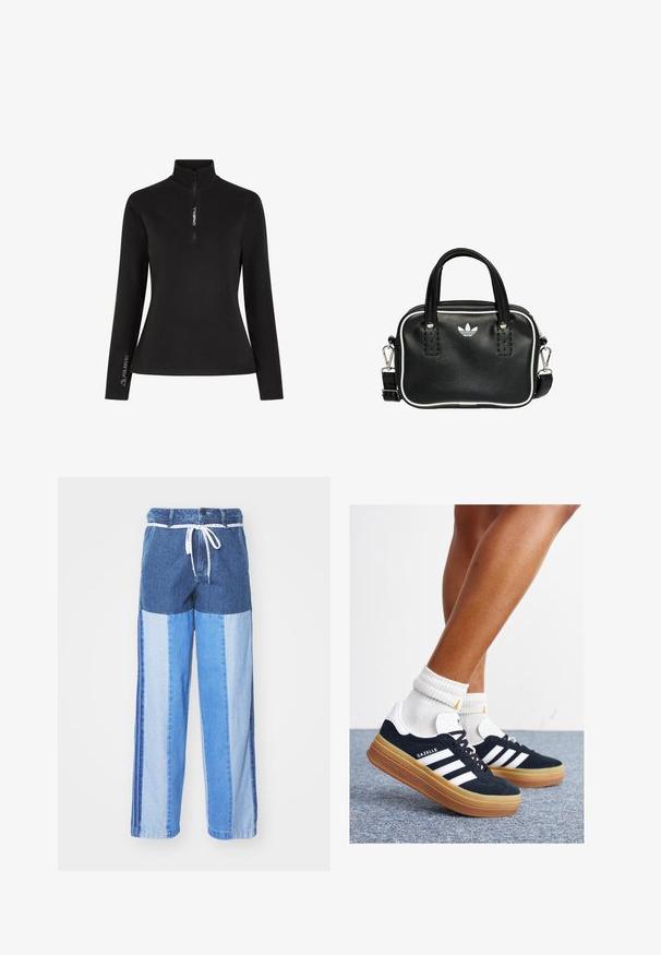 Schwarzer Langarmpullover mit halbem Reißverschlusskragen. Mit "ONEILL"-Logo auf der Vorderseite und "POLARTEC"-Markierung am Ärmel, aus weichem Stoff gefertigt.; Blaue Denim-Hosen mit einem Patchwork-Design in verschiedenen Blautönen, einem Kordelzugbund und lockeren, gerade geschnittenen Beinen.; Schwarze Wildledersneaker mit weißen Streifen und Akzenten, rundlicher Zehenbereich, Sohlen aus braunem Gummi, kombiniert mit weißen, gerippten Sneakersocken.; Schwarze Lederhandtasche mit zwei kurzen Griffen, silbernem Zubehör, weißen Akzenten und einem weißen Logo. Verfügt über eine strukturierte Oberfläche und ein kompaktes Design.