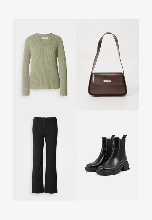 Pulover tricotat de culoare verde deschis, cu decolteu în V, mâneci lungi și o textură în relief. Eticheta este vizibilă la guler.; Pantaloni negri dintr-un amestec de bumbac, cu un design drept, închidere frontală cu buton și două buzunare laterale. Textură netedă, fără modele vizibile.; Botine Chelsea din piele neagră, cu toc masiv, panouri laterale elastice și cusături albe contrastante. Finisaj texturat.; Geanta de umăr din piele maro, cu o formă structurată, care dispune de un închizător cu clapetă magnetică și un accent metalic cu logo pe față.