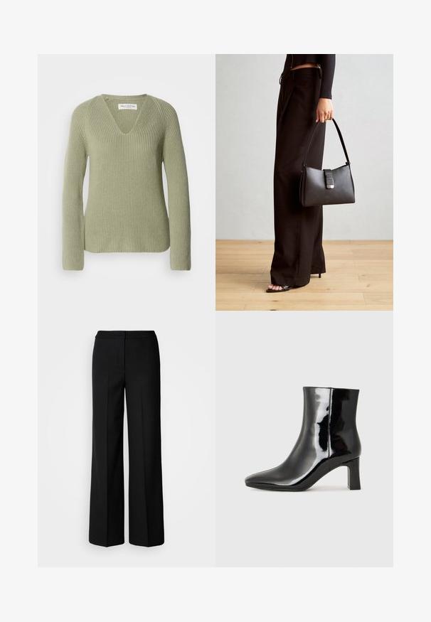 Pull en maille de couleur vert clair, avec un col en V, des manches longues et une texture côtelée. Étiquette visible au niveau du col.; Pantalons larges noirs en tissu lisse, dotés d'une taille haute, de coutures taillées et d'un design minimaliste. Aucun matériel visible ni poches.; Bottines en cuir verni noir avec un bout pointu et un talon block de hauteur moyenne. Texture lisse et design minimaliste.; Sac à main noir à la forme structurée, texture lisse et fermoir métallique. Associé à un pantalon noir ample et des sandales ouvertes sur un sol en bois.