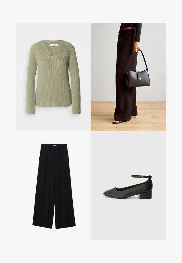 Neulepaitaa vaaleanvihreänä, jossa on V-pääntie, pitkät hihat ja ribbiteksturointi. Tuotetunnus näkyvissä kauluksessa.; Mustat leveät housut, joissa on teksturoitu kangas, joustava vyötärö ja irrotettava nauha vyötäröllä säädettävää istuvuutta varten.; Mustat nahkakengät, joissa on terävä kärki ja matala lohkare korko. Varustettu nilkkahihnalla, jossa on kultasävyinen solki. Lisää sileä pinta.; Musta käsilaukku, jossa on rakenteellinen muoto, sileä pinta ja metallinen solki. Yhdistetty leveisiin mustiin housuihin ja avonaiheisiin sandaaleihin puulattialla.