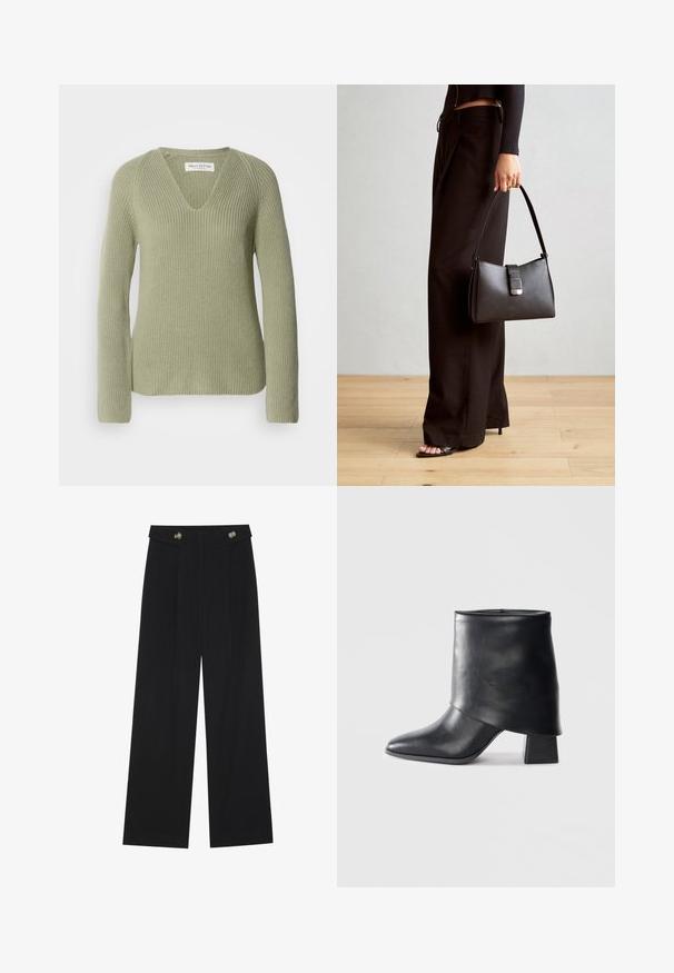 Sveter pletený v svetlozelenej farbe, s výstrihom do V, dlhými rukávmi a zdrsnenou textúrou. Štítok viditeľný na výstrihu.; Čierne široké nohavice s vysokým pásom, so zapínaním na gombíky na páse a prednými sklady.; Čierna kožená členková obuv s špicatou špičkou, hladkou textúrou a štruktúrovaným blokovým podpätkom. Obsahuje vysoký, prehnutý dizajn.; Čierna kabelka so štruktúrovaným tvarom, hladkou textúrou a kovovou sponou. V kombinácii so širokými čiernymi nohavicami a sandálmi s otvorenou špičkou na drevenej podlahe.