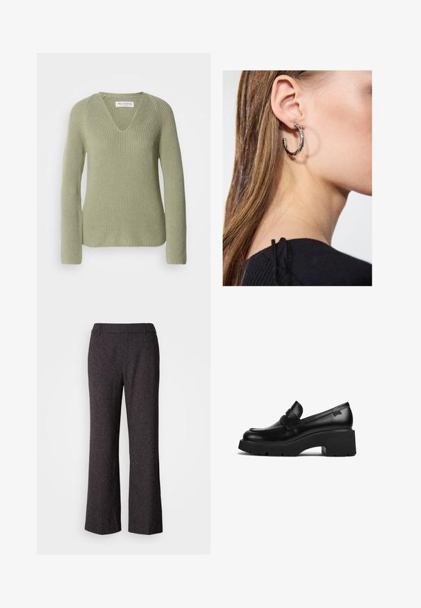 Strickpullover in Hellgrün mit V-Ausschnitt, langen Ärmeln und strukturiertem Rippmuster. Etikett am Ausschnitt sichtbar.; Mos Mosh SVALA - Stoffhose - black; Schwarze Leder-Loefer mit klobigem Absatz, dicker Sohle und einem Riemen über der Oberseite, seitlich auf einem weißen Hintergrund gezeigt.; Silberne Creolen mit polierter Oberfläche, die kleine goldene Akzentdetails und eine runde Form aufweisen, am Ohrläppchen getragen.