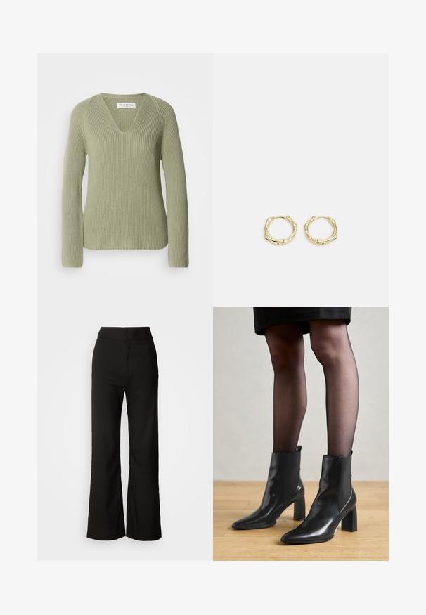 Gebreide trui in lichtgroen, met een V-hals, lange mouwen en een ribbelstructuur. Label zichtbaar bij de halslijn.; Zwarte wijde broek met een gladde textuur, hoge taille en een strakke uitstraling. Geen zichtbare zakken of versieringen.; Zwarte leren enkellaarsjes met een spitse neus, stevige vierkante hak en een fraaie uitstraling. Beschikt over elastische zijpanelen voor gemakkelijke aan- en uittrekken.; Gouden creolen met een textuur en onregelmatige vorm. Voorzien van een naadloze sluiting en een gepolijste afwerking, wat het moderne ontwerp benadrukt.