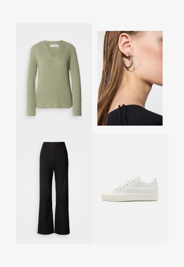 Knit sweater in light green, featuring a V-neck, long sleeves, and a ribbed texture. Label visible at the neckline.; Black wide-leg trousers with a smooth texture, high waist, and a clean design. No visible pockets or embellishments.; White canvas sneakers with a textured upper, round toe cap, flat sole, and lace-up front. Features a slightly frayed collar and pull tab.; Silver hoop earring with a polished finish, featuring small gold accent details and a round shape, worn on the lobe.