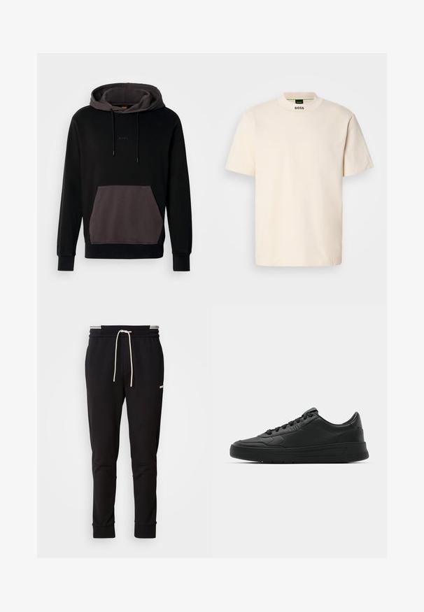 Felpa nera con tasca frontale grigio scuro, coulisse regolabile e logo "BOSS" ricamato. Materiale morbido con vestibilità comoda e maniche lunghe.; Maglietta a maniche corte color crema con colletto alto, con la scritta "BOSS" stampata in nero sulla parte anteriore del collo e sull'etichetta interna.; Pantaloni jogger slim-fit neri con cordoncino bianco, polsini a coste e logo discreto sulla coscia contro uno sfondo uniforme.; Sneaker nera con tomaia in pelle liscia, punta rotonda, lacci piatti, collare imbottito e design minimalista. Suola in gomma con un delicato motivo a rilievo.