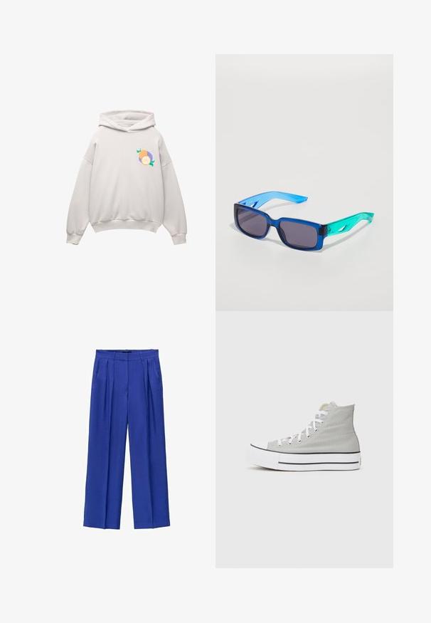 Harmaa huppari, jossa on pyöristetty helma, pitkät hihat ja värikäs hedelmägrafiikka rintamuksessa oranssina, purppurana ja vihreänä.; Harmaa ja keltainen raidoitettu t-paita lyhyillä hihoilla, pyöreällä pääntiellä ja suurella valkoisella tekstillä "INSPIRATION COMINGS" edessä.; Löysi lahkeet kirkas sinisessä kankaassa, joissa on korkea vyötärö, laskokset ja sivutaskut. Sujuva pinta ja räätälöity istuvuus.; Korkea sneakerit vaaleanharmaasta kankaasta, valkoisilla nauhoilla, valkoisella kumipohjalla ja mustalla raidalla pohjan ympärillä.; Siniset ja vihreät aurinkolasit, joissa on suorakulmaiset linssit; läpinäkyvät kehykset; teksturoidut siniset varret; tummat linssit; huomattava brändäys sivussa.