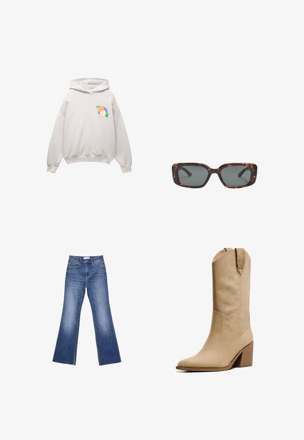 Svetlo sivi dukserica s kapuljačom, s zaobljenim rubom, dugim rukavima i šarenim grafičkim motivom voća na grudima u narandžastoj, ljubičastoj i zelenoj boji.; Modre jeans hlače z visokim pasom, sprednjimi žepek in rahlim razširjenjem na dnu na belem ozadju.; Bershka HIGH-HEEL - Škornji v kavbojskem/motorističnem slogu - beige; Sonce, ki je oblikovana v tortoščkovem vzorcu, ima pravokotne leče, debele okvirje in temne leče. Ima gladko teksturo in minimalističen dizajn.