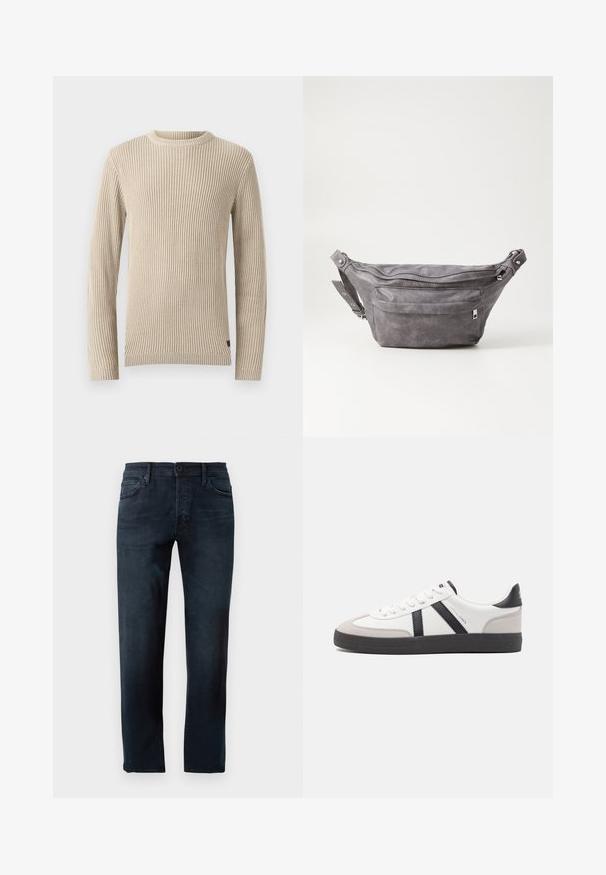 Bež pulover z rebrastim vzorcem, okroglo ovratnikom, dolgimi rokavi in teksturirano tkanino. Ima majhno oznako na robu.; Temno modri traperji, narejeni iz denima, z ravnim krojem nogavic, sprednjim gumbom in zadrgo ter petimi žepi.; Bela športna obutev z črnimi in sivo akcenti, z teksturirano sivo kapico za prste, črnim gumijastim podplatom in ravnimi belimi vezalkami. Čista zasnova, minimalistični slog.; Sivkasta zamšasta torbica s okroglo obliko, dvema žepoma na zadrgo in nastavljivim trakom. Ima kovinske dodatke.