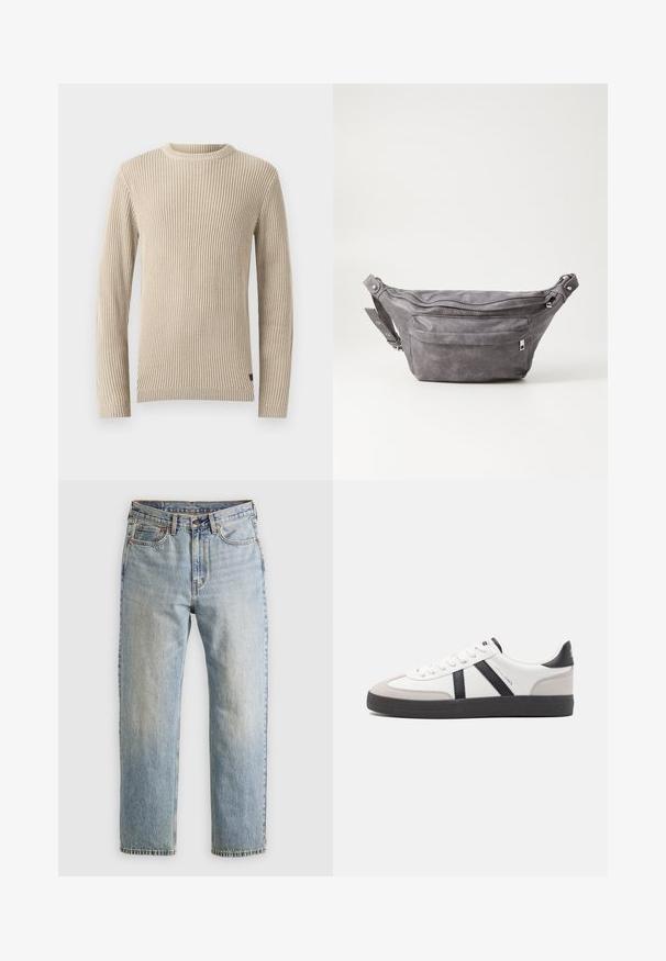 Maglione beige a coste con scollo rotondo, maniche lunghe e tessuto testurizzato. Presenta un piccolo etichetta sull'orlo.; Jeans in denim azzurro chiaro con vita alta, bottone anteriore, cerniera e design a cinque tasche, adagiati su uno sfondo neutro.; Sneaker bianco con accenti neri e grigi, dotata di una punta grigia testurizzata, suola in gomma nera e lacci bianchi piatti. Design pulito, stile minimalista.; Fanny pack in suede grigio con forma arrotondata, due scomparti con cerniera e tracolla regolabile. Presenta dettagli in metallo.