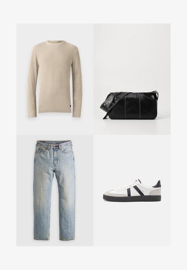 Beige ribbattu sweateri, jossa on pyöreä kaula-aukko, pitkät hihat ja teksturoitu kangas. Sisältää pienen tunnuksen helmassa.; Vaaleansininen farkut, joissa on korkea vyötärö, etunappi, vetoketju ja viisi taskua, asetettu tasaisesti neutraalille taustalle.; Valkoiset lenkkarit mustilla ja harmailla yksityiskohdilla, joissa on teksturoitu harmaa kärki, musta kumipohja ja litteät valkoiset nauhat. Siisti muotoilu, minimalistinen tyyli.; Mustakulmainen nahkainen olkalaukku, jossa on vetoketjukiinnitys, teksturoitu pinta, valkoiset ompeleet ja hihna, jossa on hopeiset niitit.