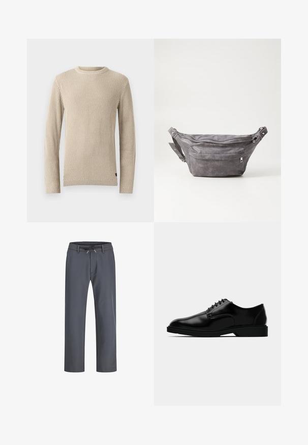 Šviesiai ruda, dryžuota megztinio su apvaliu iškirpimu, ilgomis rankovėmis ir tekstūruotu audiniu. Apatinėje dalyje yra mažas etiketė.; Pilki, elastinga juosta apatiniai su raišteliu. Tiesių kojų dizainas, pagamintas iš lygaus audinio, turi minimalų siuvimą ir jokių matomų detalių.; Juodas odinis klasikinis batelis su lygiu paviršiumi, apvaliu nosiu, raišteliais ir diskretišku guminio pado dizainu, užtikrinančiu sukibimą.; Pilkas suedes fanny pack'as apvalios formos, su dviem užtraukiamais skyreliais ir reguliuojama diržele. Yra metaliniai aksesuarai.