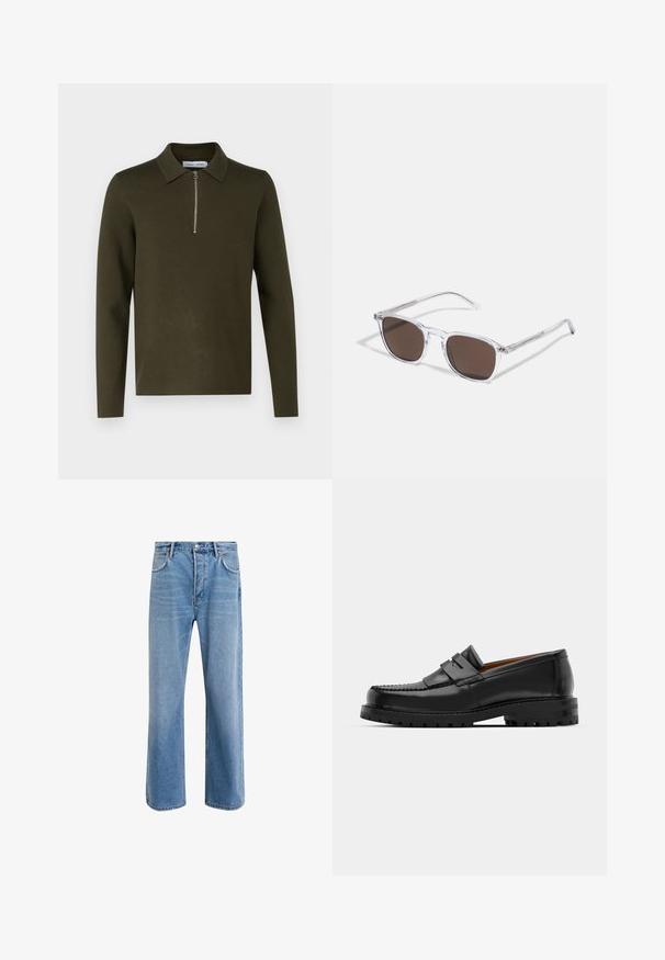 Tumed roheline pikkade varrukatega polo, millel on lame krae ja veerandzip. Valmistatud siledast, tekstureeritud kangast, millel on minimalistik disain.; Heledad sinine teksapüksid otse lõikega, viie taskuga, nupuga sulgemine, minimaalne kulumine ja kontrastsed õmbluse detailid.; Mustad mustad nahast kingad on varustatud tõstetud õmblusega, kahe dekoratiivse rihmaga peal, ja paksu tekstuuriga tallaga paremaks haardeks.; Selged plastist prillid ristkülikukujuliste pruunide läätsedega, millel on õhukesed, läbipaistvad varsud ja metallaktsendid templites.